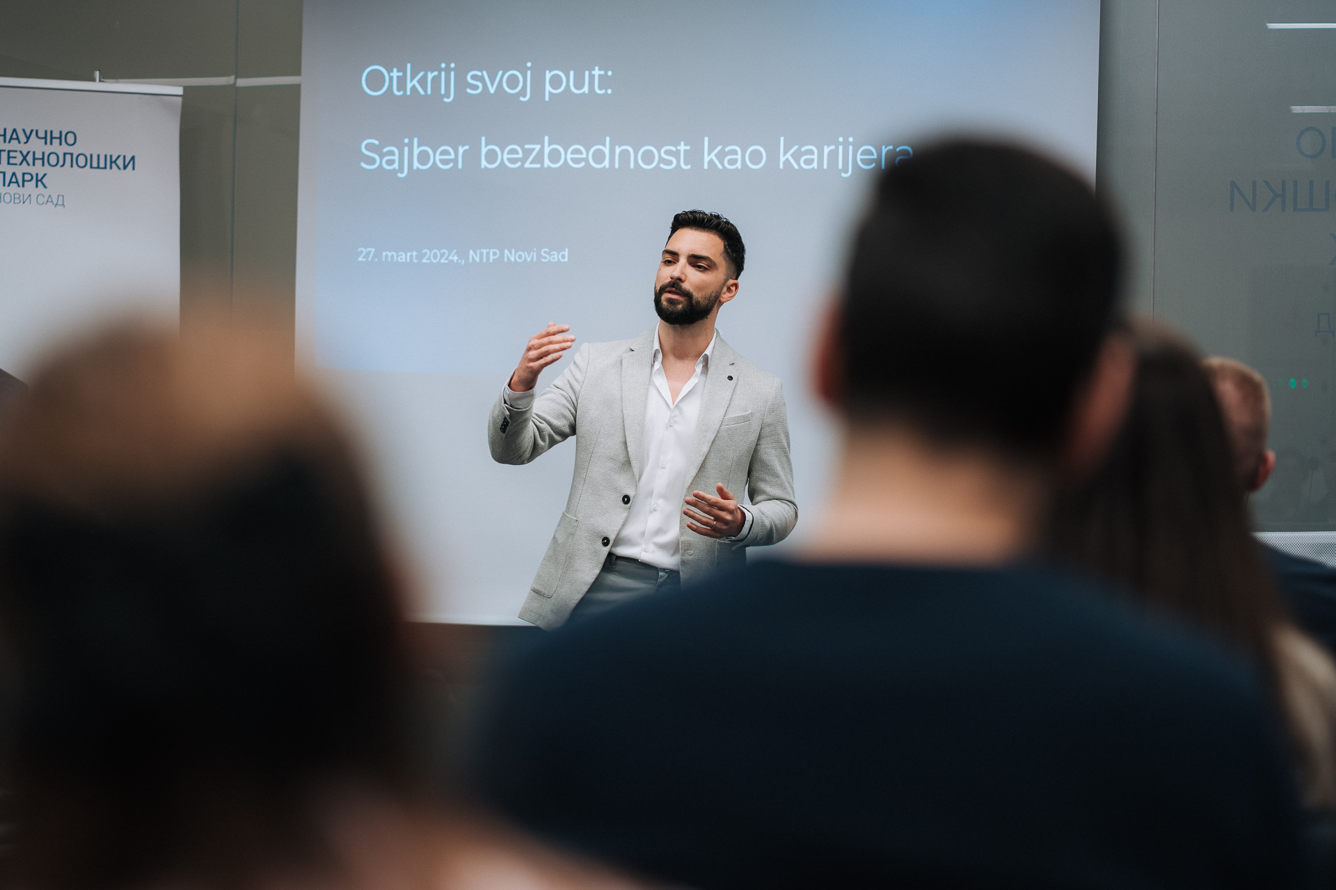 Branko Džakula lecturing on cybersecurity as a career at the Science & Technology Park Novi Sad.