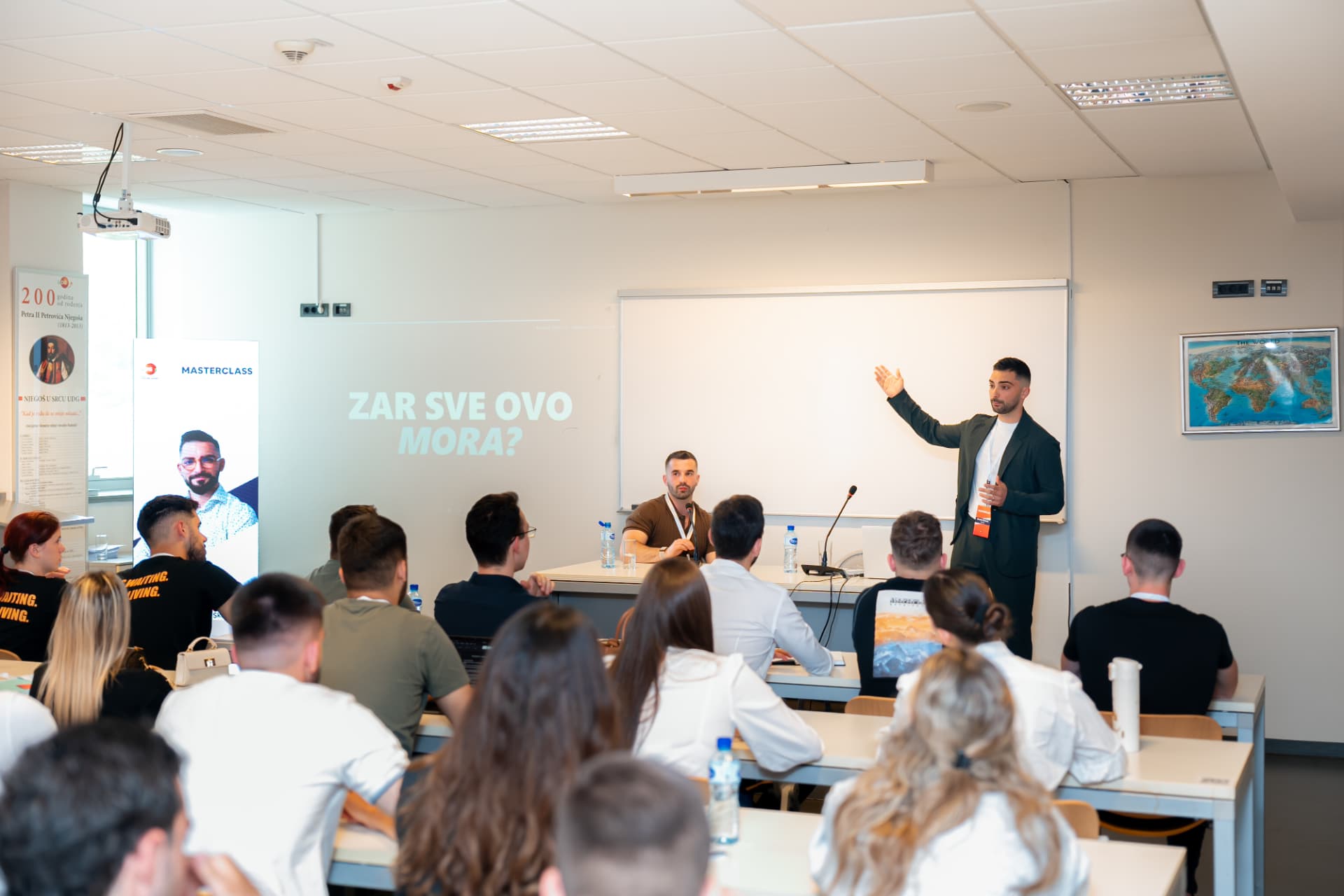 Branko Džakula giving a masterclass to a full lecture hall at the University of Donja Gorica.